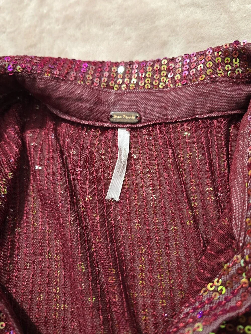 Free People Sequin Shirtee Top Dark Rhubarb Color Small Button Down Festival